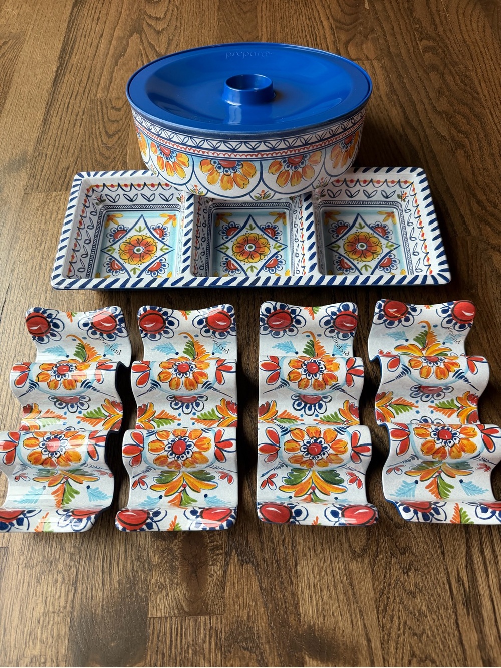 Prepara Bright Blue Melamine Taco, Tortilla, and Salsa Serving Set